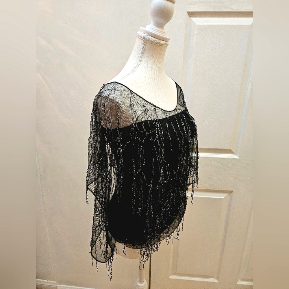 NEW BLACK HALO Black Silver Evening Cocktail Sheer Stretch Blouse Top 4 XS S